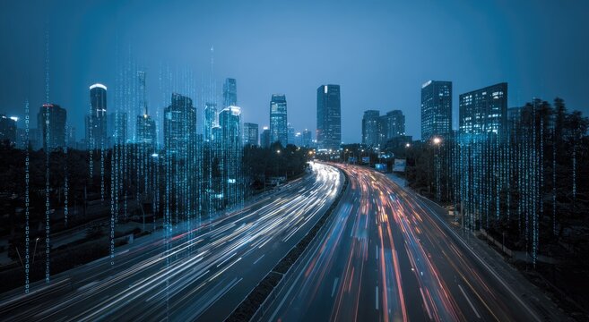 Illuminated city skyline at night with blurred vehicle light trails on highway