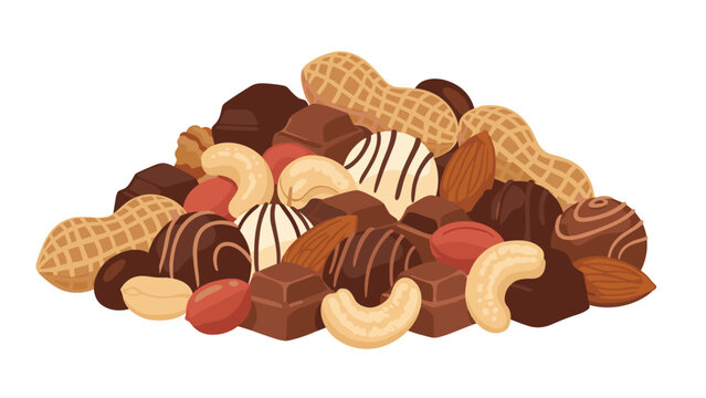 Assorted pile of various chocolates including truffles and pralines mixed with peanuts, almonds, and cashews on a white background.