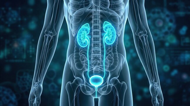 Human urinary system anatomy glowing blue in a transparent body outline