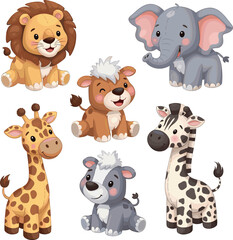 Obraz premium Cute safari baby animals set cartoon lion elephant giraffe zebra calf puppy adorable kids vector illustration collection