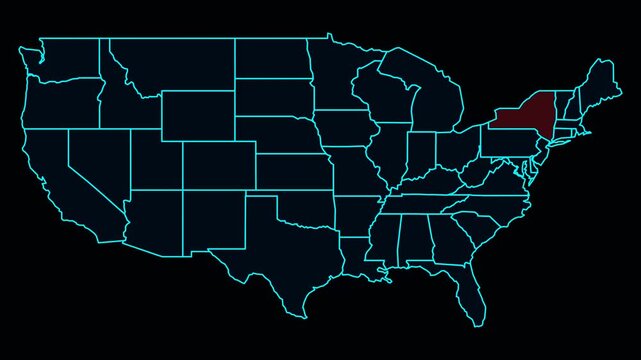 USA Map with New York State Highlighted in Red with Neon Borders and Subtle Inner Glow on Black