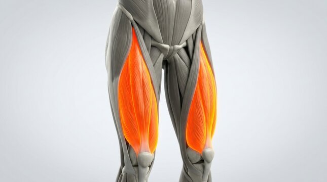 Anatomical illustration of the human quadriceps femoris muscle group highlighted in orange