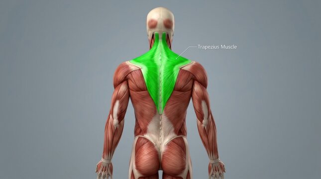 Anatomical illustration highlighting the trapezius muscle in vibrant green on a human back