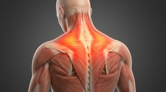 Anatomical illustration of human trapezius muscles with highlighted pain points