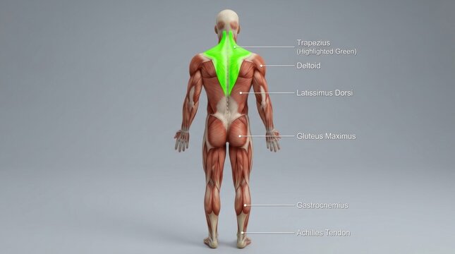 Posterior view of human musculature with highlighted trapezius muscles