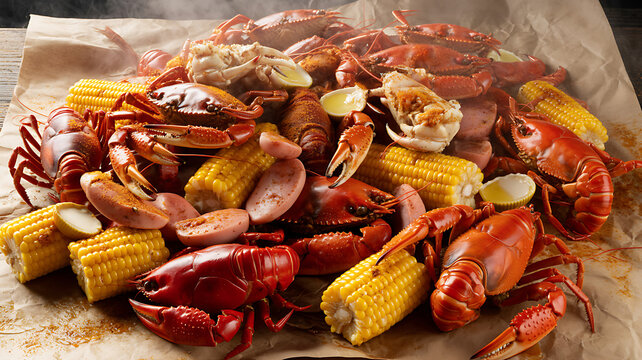 Seafood boil with crab lobster corn and sausage in rustic style serving platter appetizing assortment