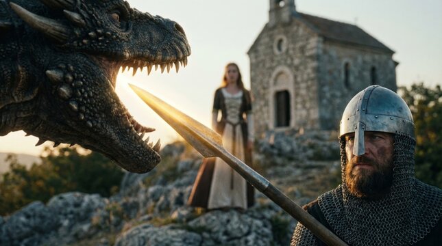 Knight defending woman from dragon near stone chapel. Medieval fantasy scene with warrior in chainmail holding spear. Historical epic concept for adventure story or cinematic art production.