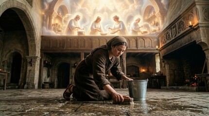 Fototapeta premium Woman cleaning stone floor in medieval castle inspired by heavenly vision of angels cooking. Religious conceptual illustration reflecting humble service and connection to divine heaven.