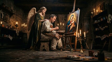 Fototapeta premium Angel inspiring painter to depict Madonna and child in workshop. Biblical scene with artist working on religious oil painting. Artistic inspiration and divine guidance in catholic art