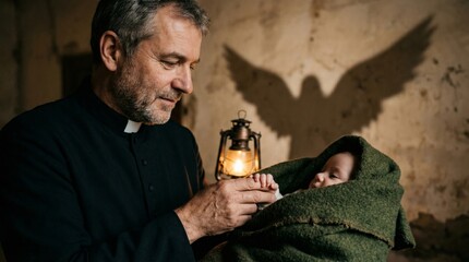 Fototapeta premium Priest holding baby with angel wing shadow on wall. Religious nativity scene concept with newborn infant. Catholic clergy member guarding child in candlelight for Christmas season.