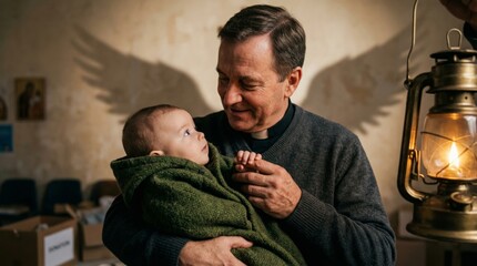 Fototapeta premium Priest holding baby with shadow of angel wings on wall. Clergyman carrying infant in arms lit by lantern. Religious catholic scene representing spiritual protection and care.