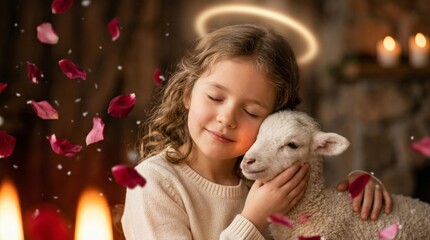 Fototapeta premium Little girl with halo hugging white lamb among falling rose petals. Religious concept representing innocence and peace. Spiritual scene inspired by catholic faith for Easter celebration.