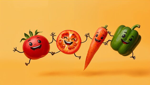 Flying sliced vegetables with cute cartoonish smiling faces. Tomatoes, cucumbers, carrots, and bell peppers laugh mid-air in bright vivid colors.