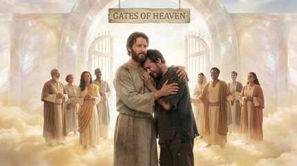 Fototapeta premium Jesus Christ embracing a weeping man at the gates of heaven. Religious scene of salvation, forgiveness and spiritual redemption. Biblical concept of afterlife and divine unconditional love.