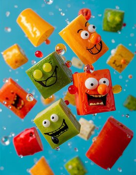 Macro perspective of chopped vegetables with over-the-top crazy faces. Spinning mid-air with sparkling droplets, vivid colors, and whimsical energy.