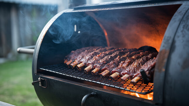 Smoked beef ribs cooking slowly on a grill with visible smoke and flames