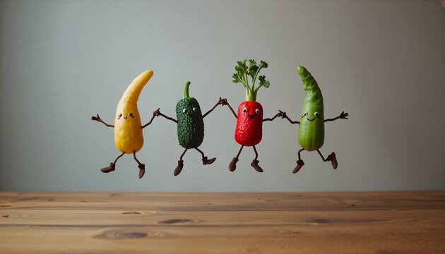 Low-angle view of vegetables flying and dancing above a table. Tiny arms and legs link in a chaotic, joyful circle.