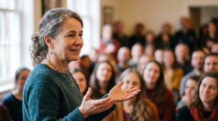 Obraz premium Middle aged woman speaking to a crowd of people in a church hall. Community gathering or religious lesson. Inspirational speaker sharing message about Jesus Christ and faith.