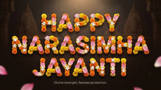 Happy Narasimha Jayanti floral text celebration with divine strength and fearless protection message in soft lighting
