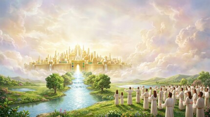 Fototapeta premium Group of people in robes standing before the golden gates of heaven. Celestial city in the clouds above a river. Biblical illustration representing afterlife and eternal spiritual peace.