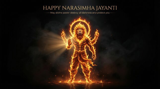 Powerful of Narasimha, a divine lion-man deity consumed by flames, with a fiery halo and multiple arms, radiating immense power and protection on a dark background