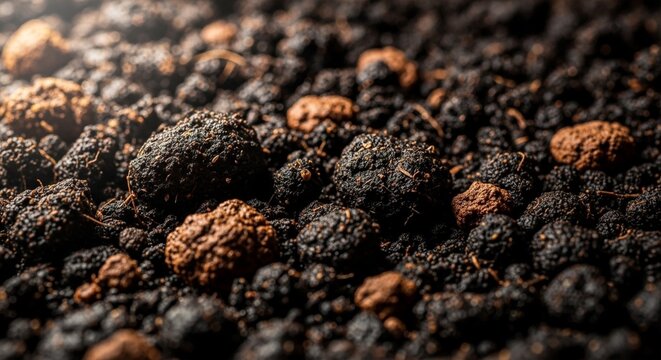 Close-up of dark brown, loamy soil with small pebbles and texture