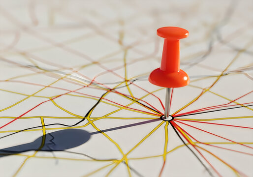 A vibrant orange pushpin holds together a complex network of multicolored strings on a white surface