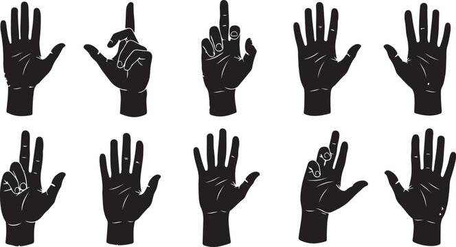 Hand gestures in sign language illustrations set