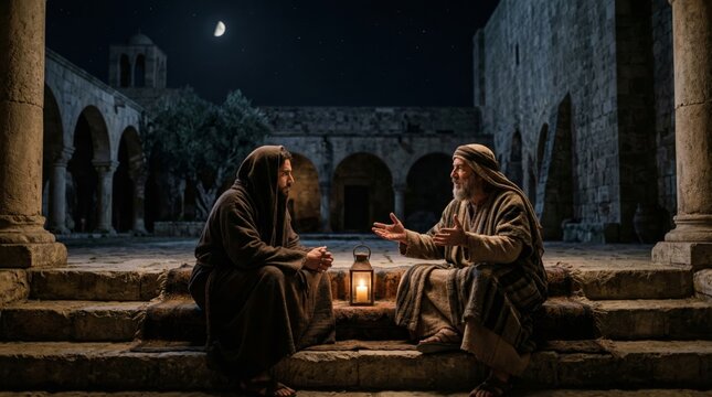 Jesus Christ talking with a man in ancient stone courtyard by candlelight at night. Biblical scene depicting spiritual conversation and teaching. Religious faith and worship concept.