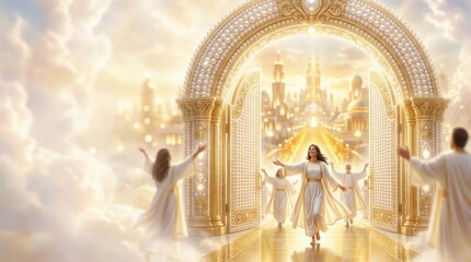 Fototapeta premium Woman in white robe walking through golden pearly gates into heaven. Religious concept of afterlife and salvation. Group of joyful believers entering divine city with bright light.
