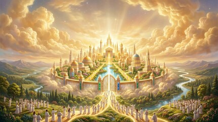 Fototapeta premium Group of people in white robes walking toward the golden gates of heaven. Celestial city with shining architecture and bright light. Religious concept of salvation and eternal afterlife.