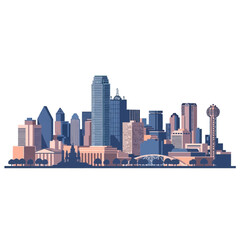 Fototapeta premium Detailed vector silhouette illustration of the Dallas city skyline in Texas, featuring Reunion Tower, various skyscrapers, and a bridge with trees isolated on a white background.