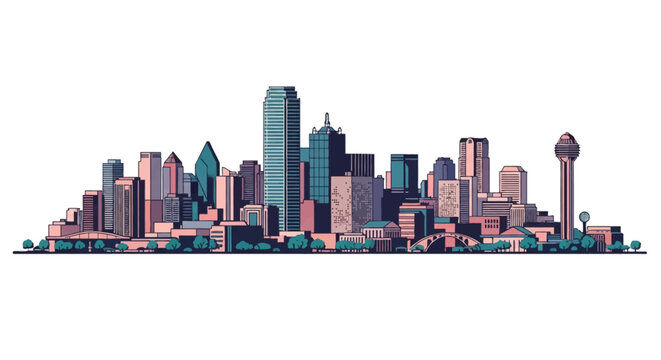 Vector art illustration of the Dallas Texas city skyline featuring Reunion Tower and Bank of America Plaza landmarks in a stylized graphic design with pink teal and navy tones.