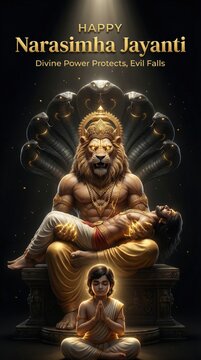 Lord Narasimha, the lion-man avatar, seated on a throne with a multi-headed cobra hood, subduing a demon, with a serene devotee meditating at his feet, bathed in golden light