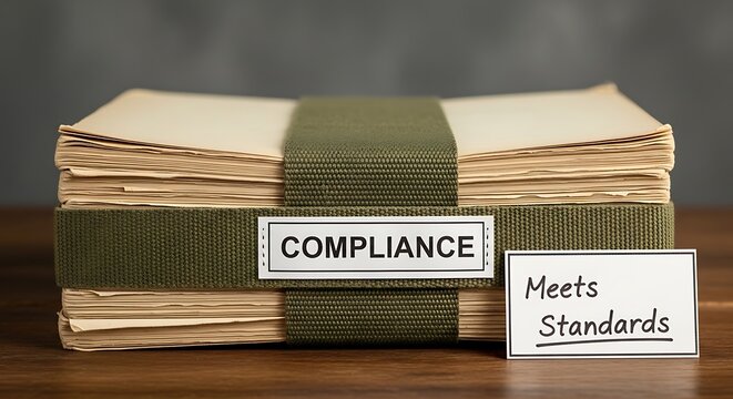 A large compliance book with a green strap and a card that reads meets standards