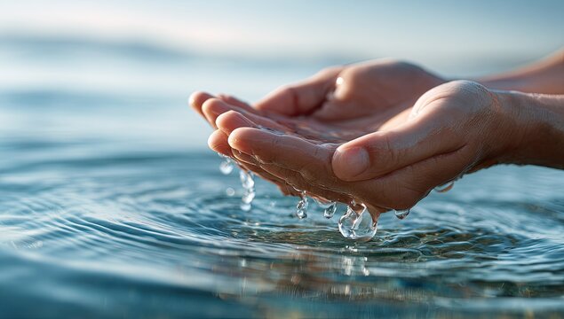 Cupped hands catch clear droplets of water from an ocean