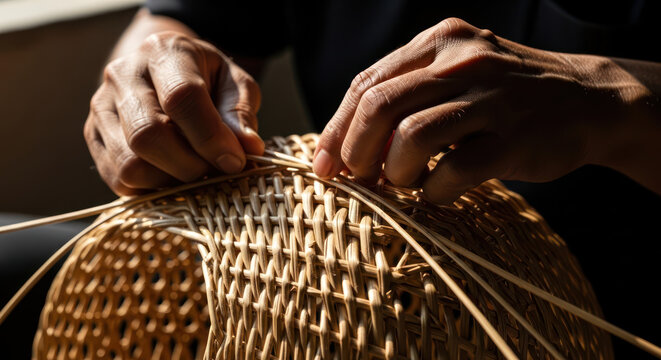 Weaving Hands Crafting Intricate Natural Bamboo Basketry in Close Up Detail