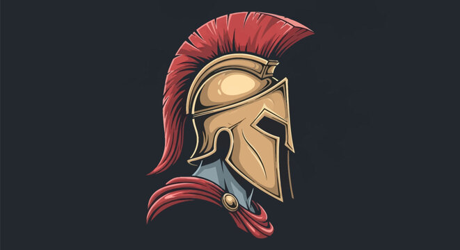 Side profile vector illustration of a bronze Corinthian spartan warrior helmet featuring a tall red horsehair crest and flowing red cape against a dark solid background.