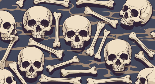 Seamless vector illustration of stylized human skulls and skeletal bones scattered over a dark textured background with abstract camouflage shapes, ideal for gothic graphic design.