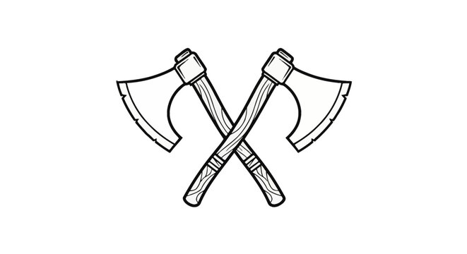 Two crossed viking battle axes with wooden grain handles and notched metal blades in a minimalist black and white vector line art style isolated on a plain white background.