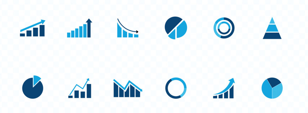 A collection of various blue toned data visualization icons representing charts graphs and analytical progress indicators high quality professional detailed modern elegant stylish