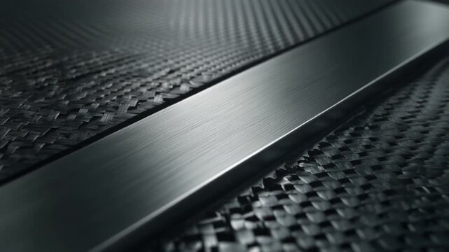 Abstract dark carbon fiber weave texture with a sleek, reflective metallic strip gliding across, creating a modern, high-tech background animation footage.
