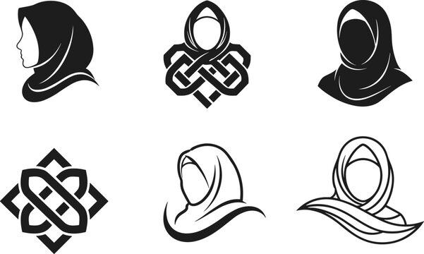 Set of elegant hijab vector icons featuring Muslim woman silhouettes, abstract Islamic geometric patterns, and modern headscarf logo designs for modest fashion branding.