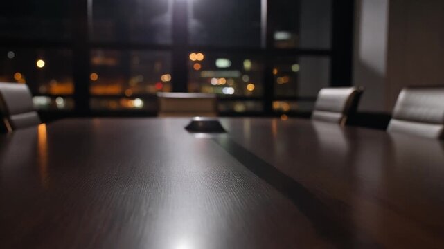 Wooden conference table in empty modern office boardroom during night hours capturing professional atmosphere for corporate video footage in slow motion style