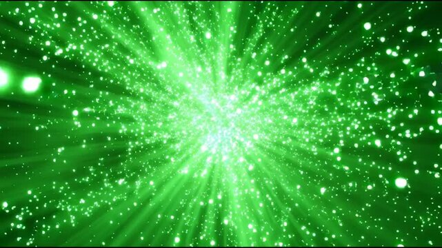 Abstract green explosion of light particles, depicting a bright cosmic phenomenon or energetic burst