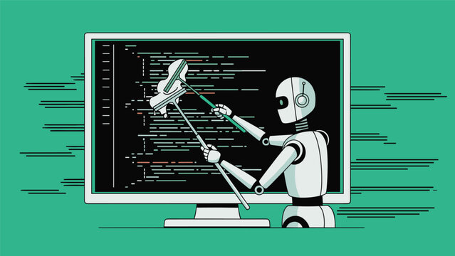 Helpful white robot using squeegees to clean lines of software code on a computer monitor against a green background.