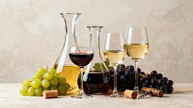 Wine glasses carafes grapes and corks