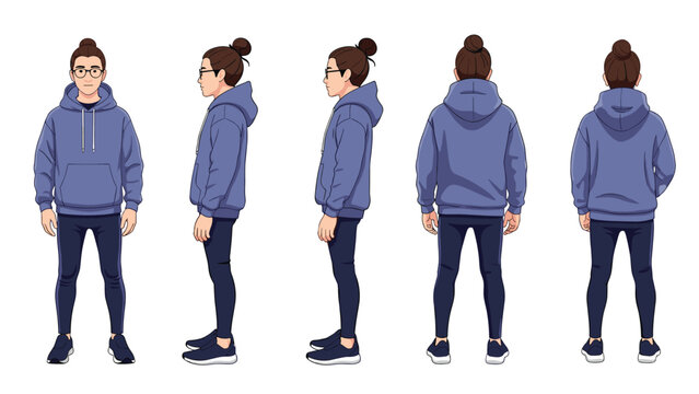 Character design sheet showing a man in a purple hoodie and dark pants from various angles for animation or gaming.