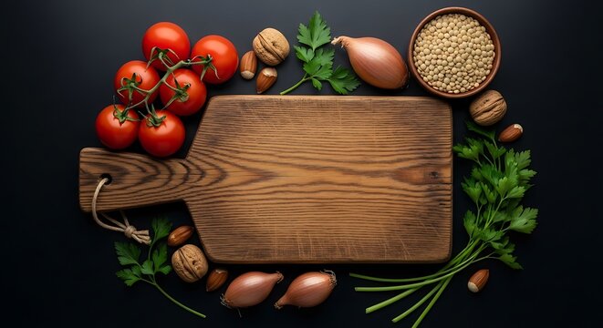 Culinary still life arrangement with wooden cutting board and fresh ingredients on a dark surface