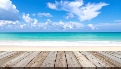 Fototapeta premium A sun-drenched beach with turquoise waves rolling onto golden sand. A wooden tabletop foregrounds the inviting coastal scene